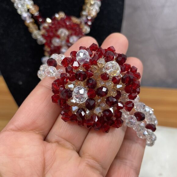 Vintage Beaded Necklace set earrings bracelet ring faux clear and ruby bead - Picture 7 of 16